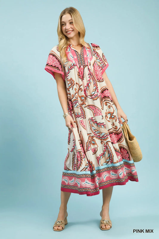Pink Mix Paisley Print Midi Dress