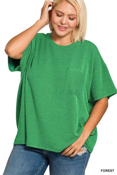 Green Raised Rib Front Pocket Top - Plus