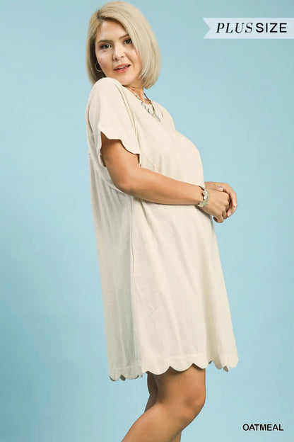 Oatmeal Linen Scalloped Hem Dress- Plus