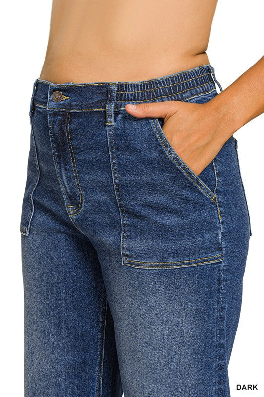 Dark Wash Utility Pocket Cropped Denim Jeans -Plus