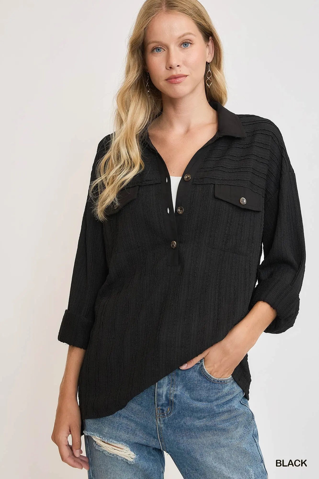 Black Half Button Down Ribbed Knit Top