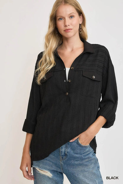Black Half Button Down Ribbed Knit Top