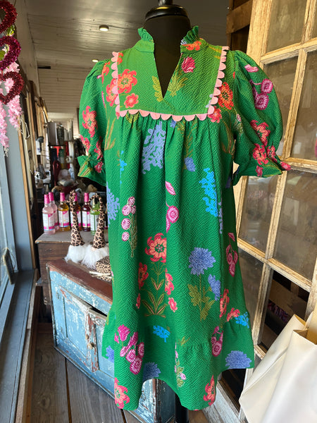 Kelly Green Floral Split Neck Dress