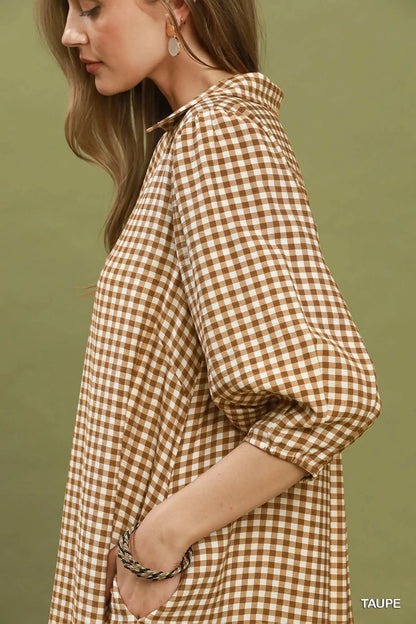 Taupe Gingham Collared Midi Dress