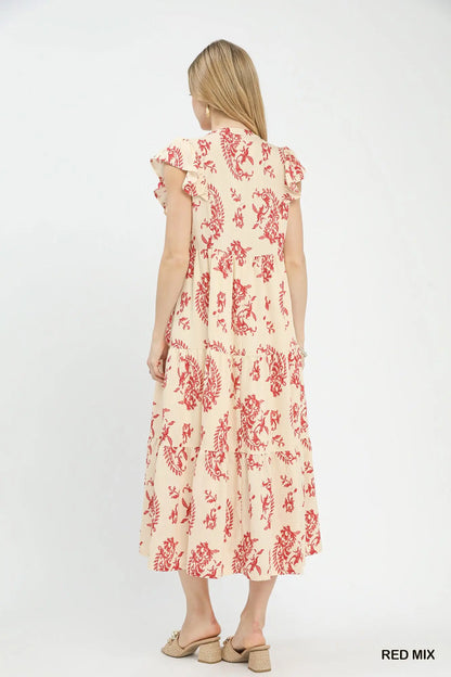 Red Paisley Print Ruffle Sleeve Midi Dress