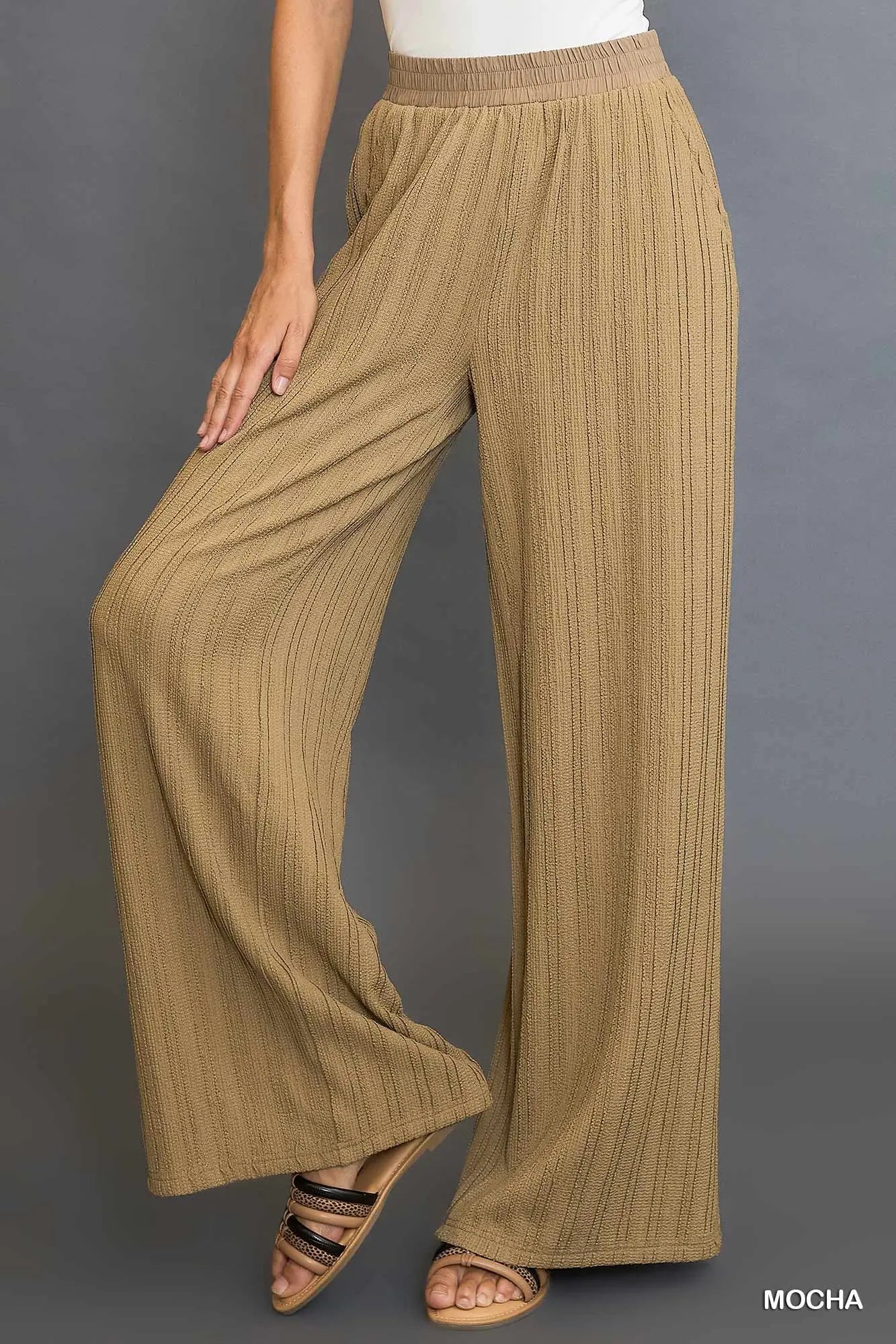 Mocha Ribbed Textured Wide Leg Pants