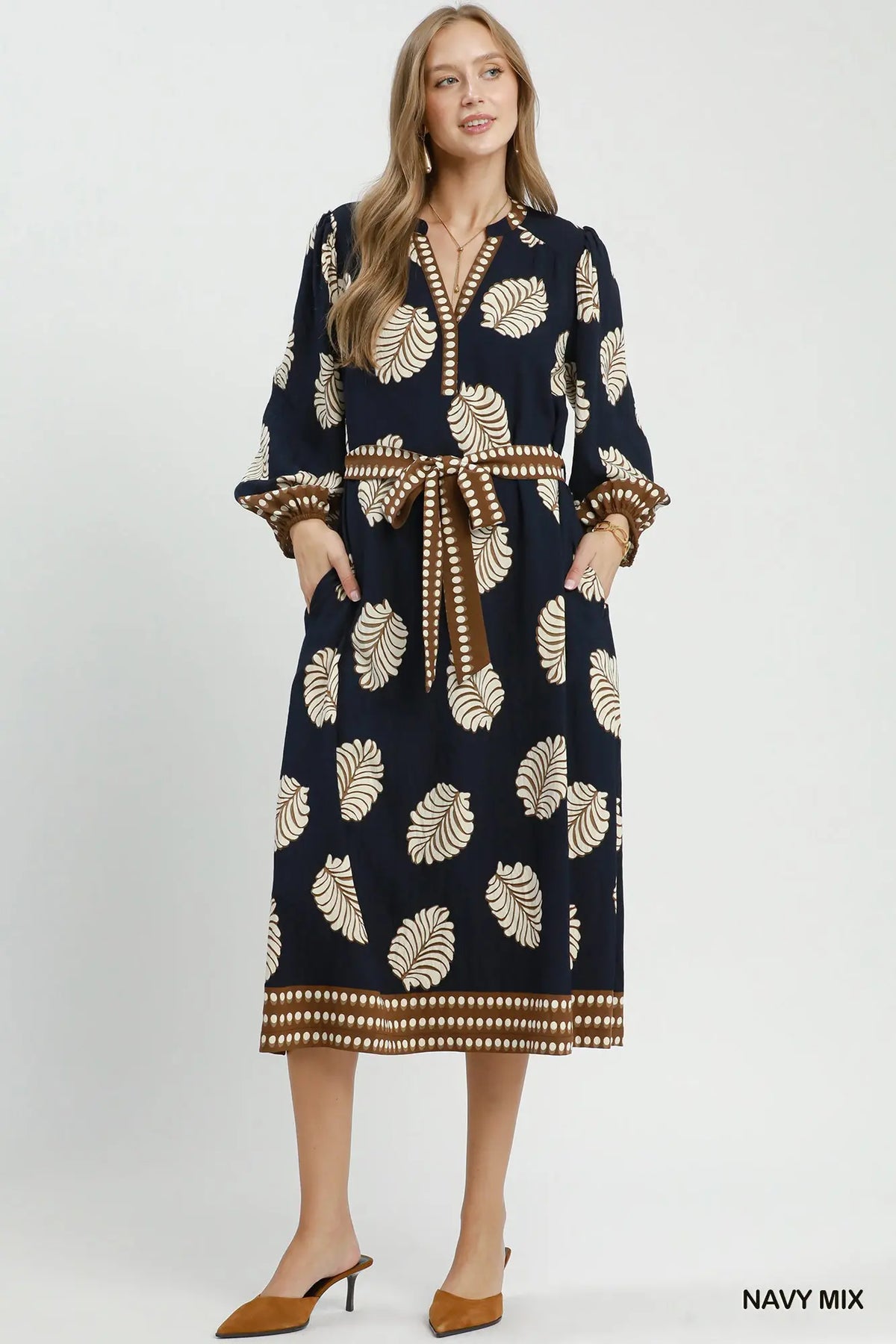 Navy Mix Leaf Print Midi Dress