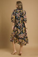 Black Mixed Floral Tiered Midi Dress