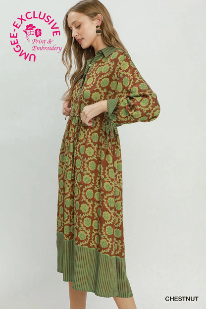 Brown & Green Collared Midi Dress