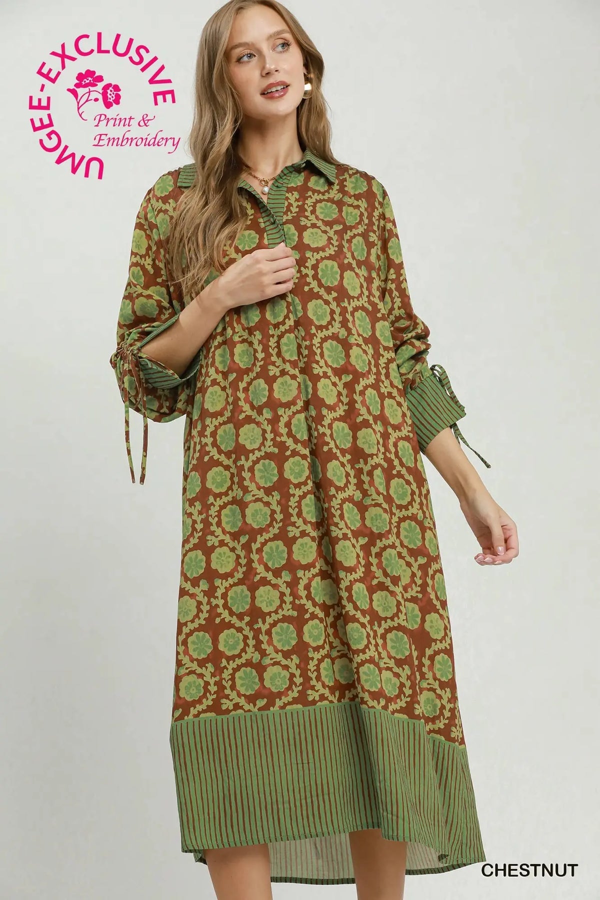 Brown & Green Collared Midi Dress