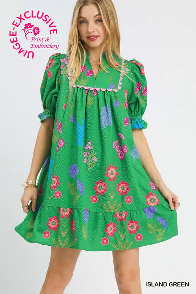 Kelly Green Floral Split Neck Dress