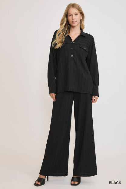 Black Half Button Down Ribbed Knit Top