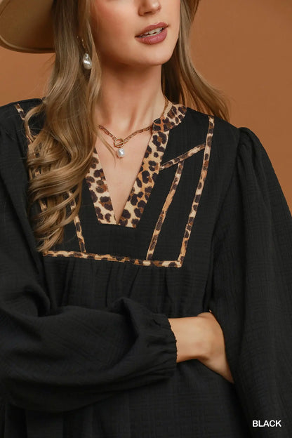 Black Leopard Trim Textured Babydoll Dress