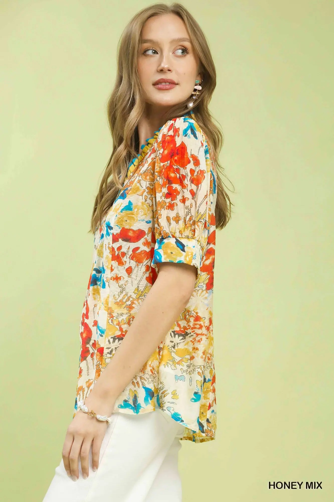 Honey Mix Floral Contrast Pleat Neck Top