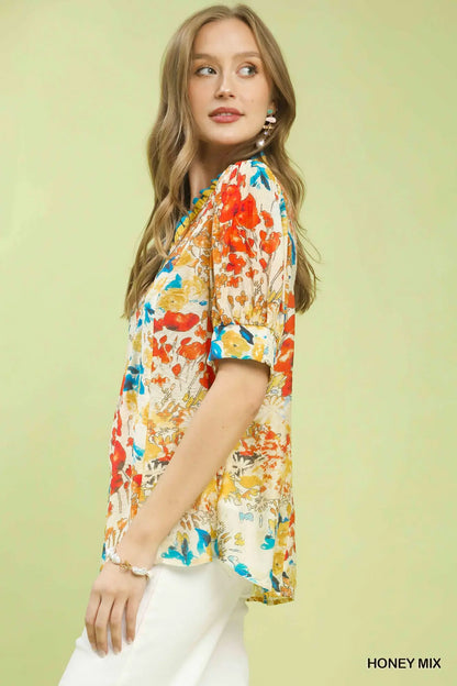 Honey Mix Floral Contrast Pleat Neck Top