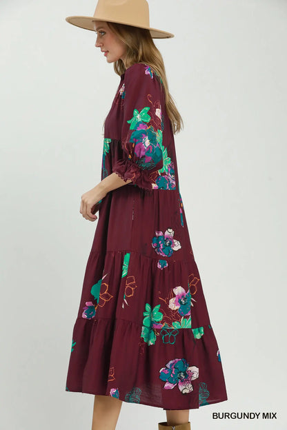 Burgundy Floral Tiered Midi Dress