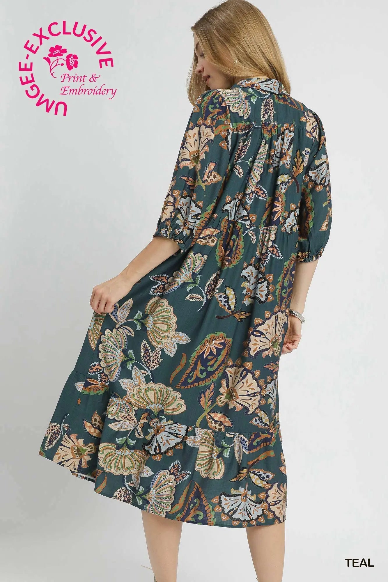 Teal Paisley Tiered Midi Dress