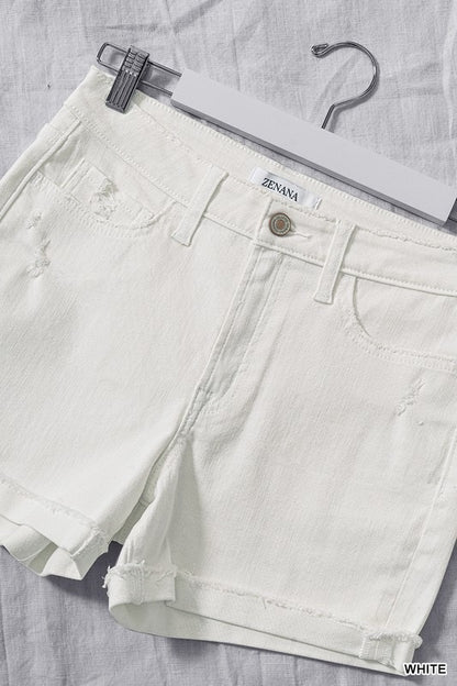 White Cuffed Raw Hem Denim Shorts