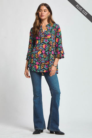 Black Multi Floral Bell Sleeve Top - Plus