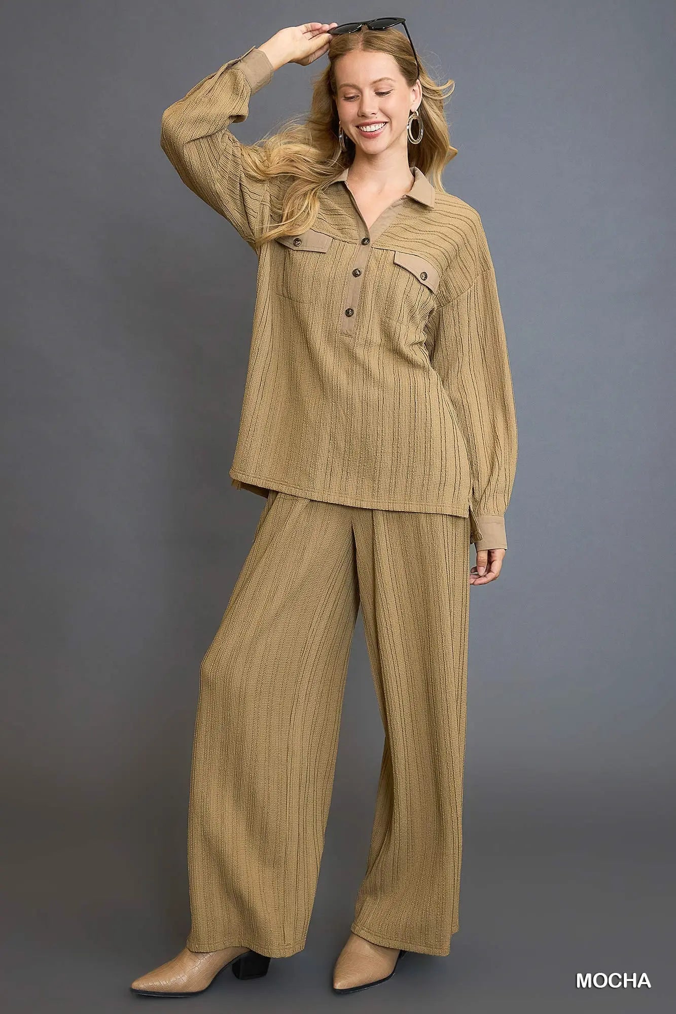 Mocha Ribbed Textured Wide Leg Pants