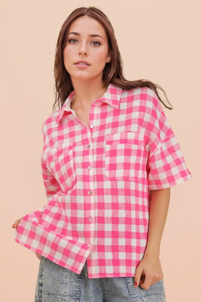 Hot Pink Checkered Button Up Woven Top