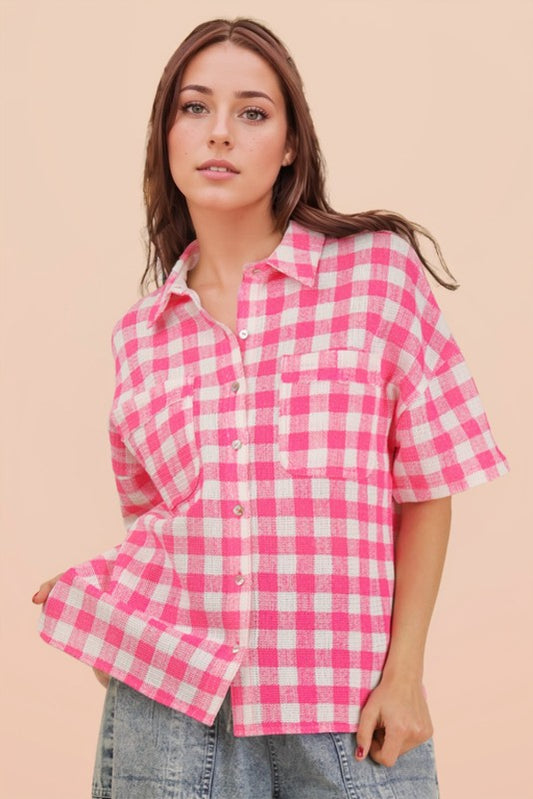 Hot Pink Checkered Button Up Woven Top
