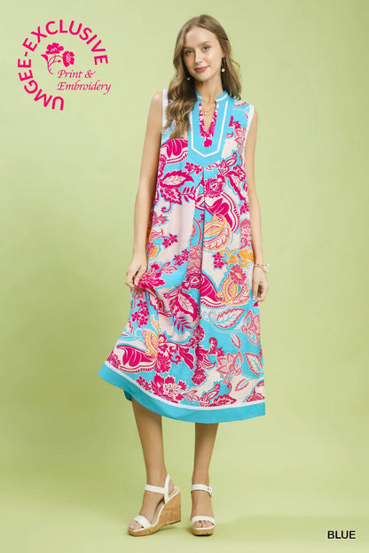 Blue & Pink Floral Sleeveless Midi Dress