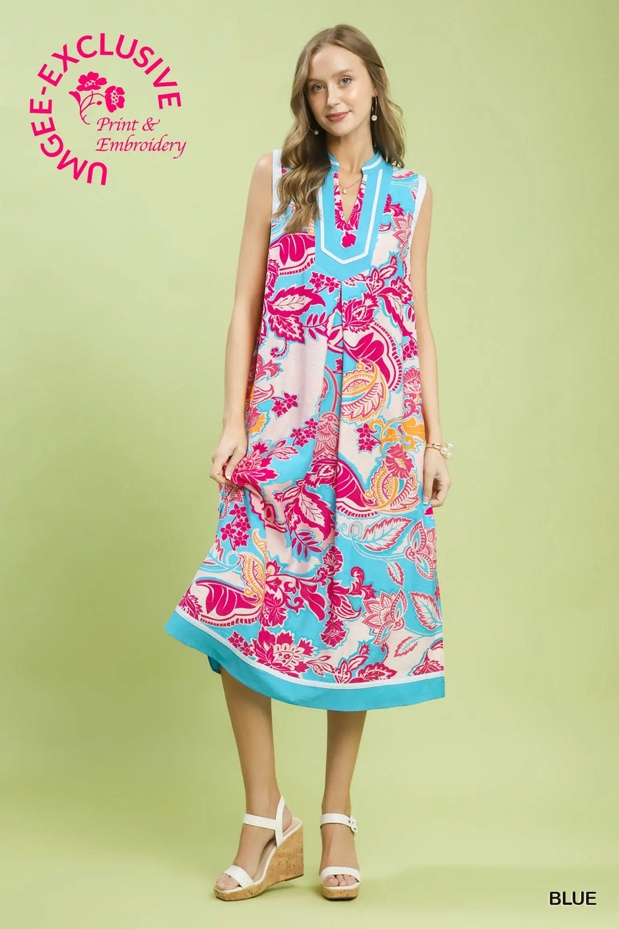 Blue & Pink Floral Sleeveless Midi Dress