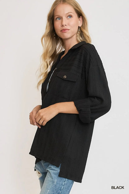 Black Half Button Down Ribbed Knit Top