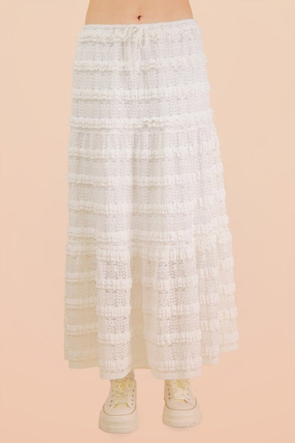 White Tiered Lace Midi Skirt