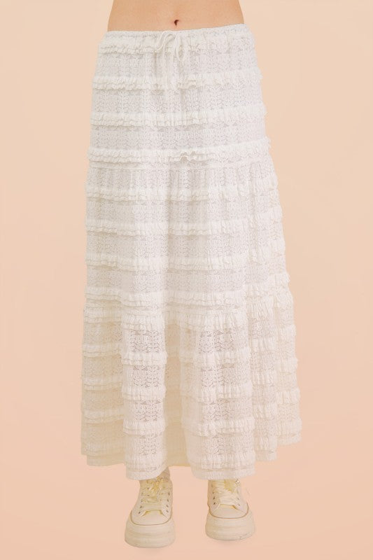 White Tiered Lace Midi Skirt