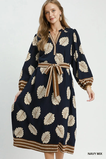 Navy Mix Leaf Print Midi Dress