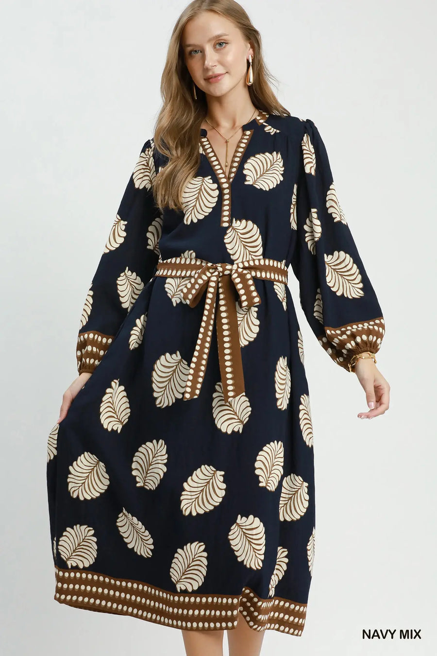 Navy Mix Leaf Print Midi Dress