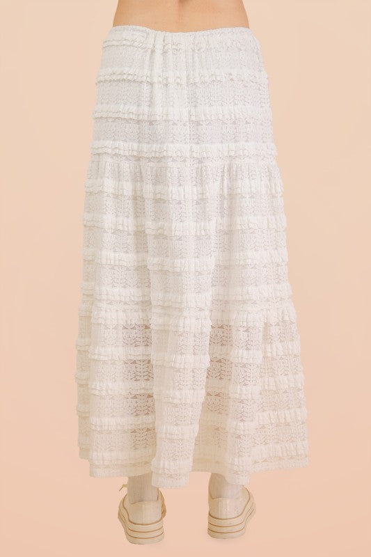 White Tiered Lace Midi Skirt
