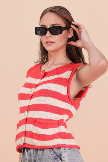 Red Stripe Button Down Sweater Top