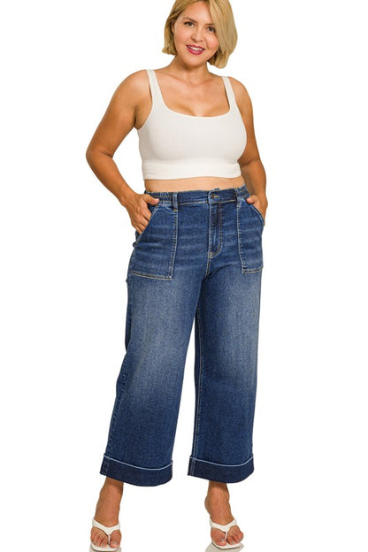Dark Wash Utility Pocket Cropped Denim Jeans -Plus