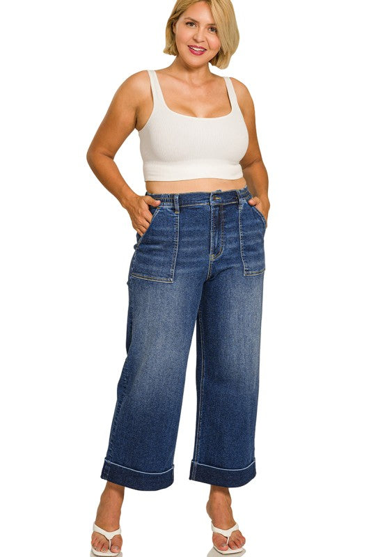 Dark Wash Utility Pocket Cropped Denim Jeans -Plus