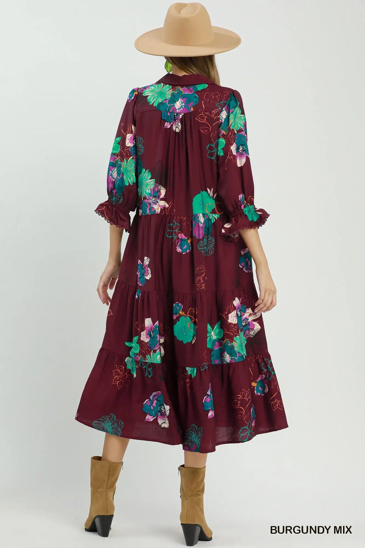 Burgundy Floral Tiered Midi Dress