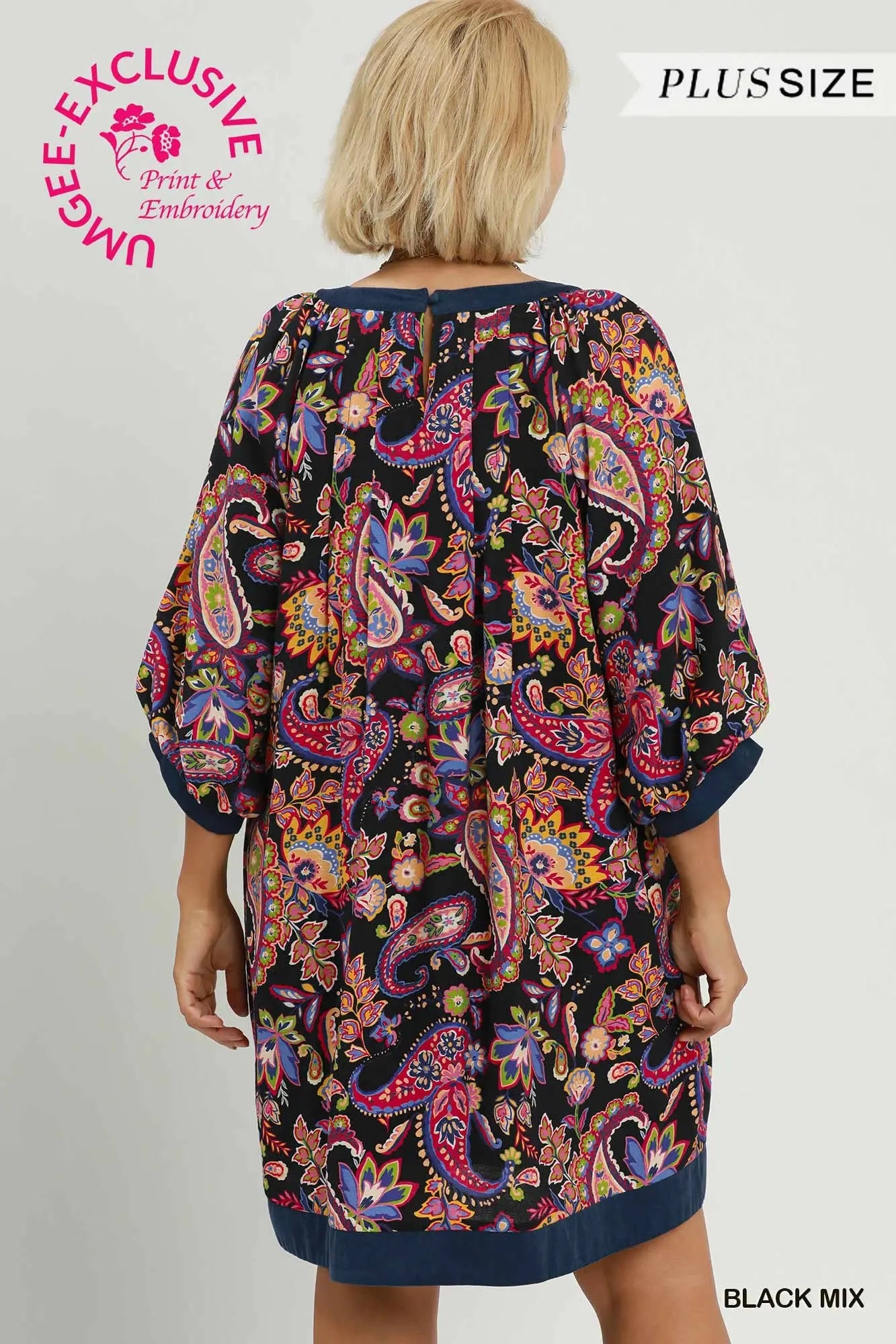 Black Mix Paisley Balloon Sleeve Dress - Plus