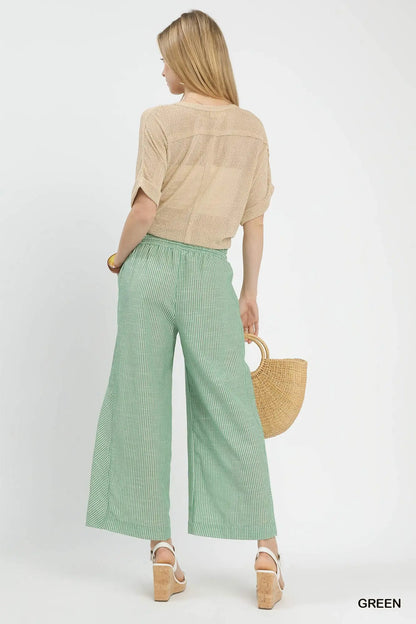 Green Linen Blend Striped Wide Leg Pants