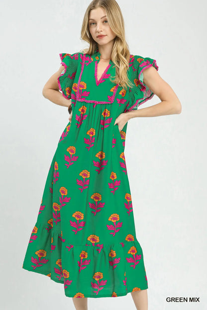 Green Floral Ruffle Trim Tiered Maxi Dress
