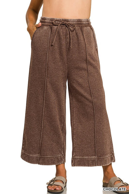 Brown Washed Pintuck Wide Leg Cropped Pants - Plus