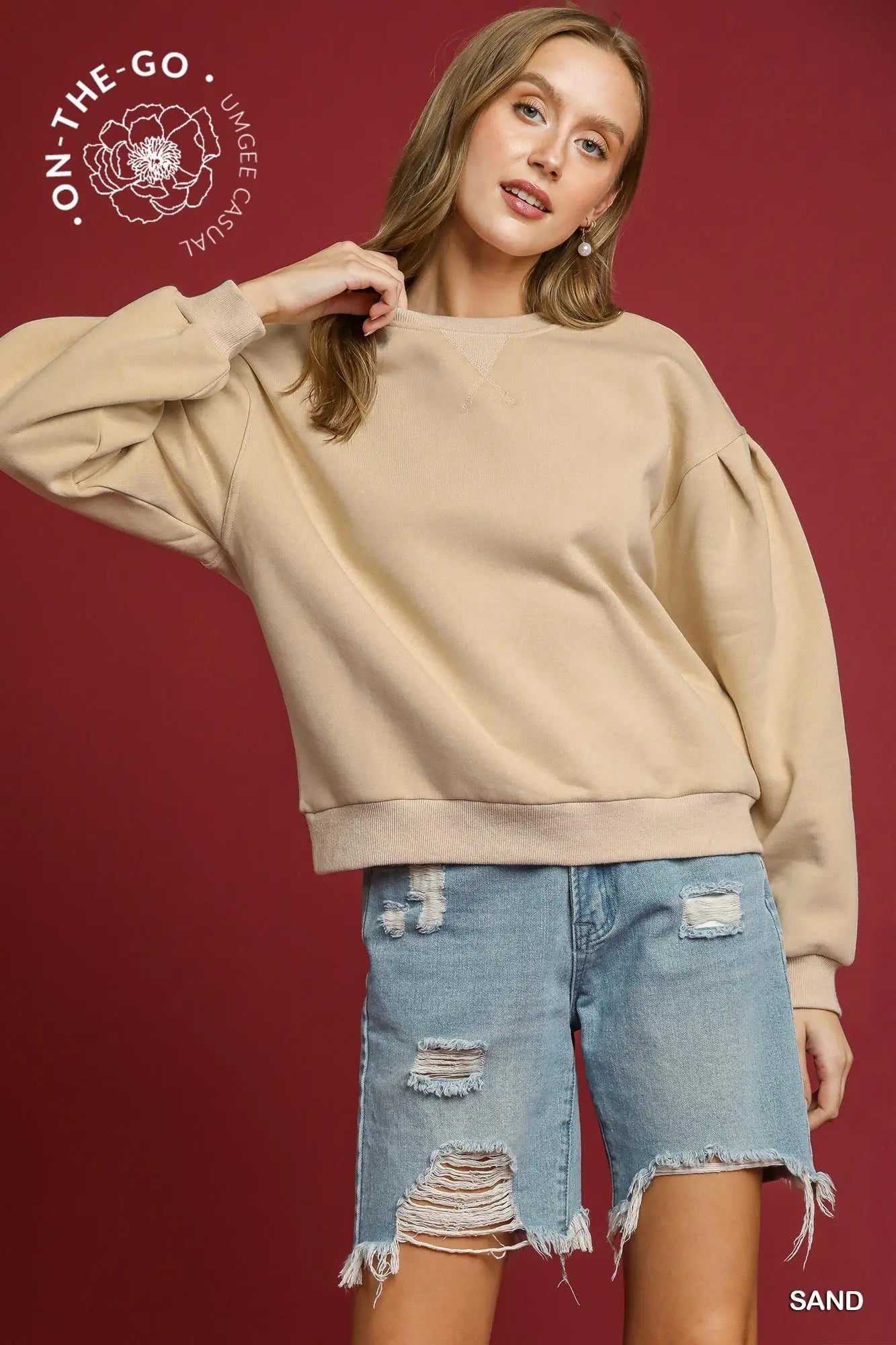 Sand Pleated Pullover Sweatshirt