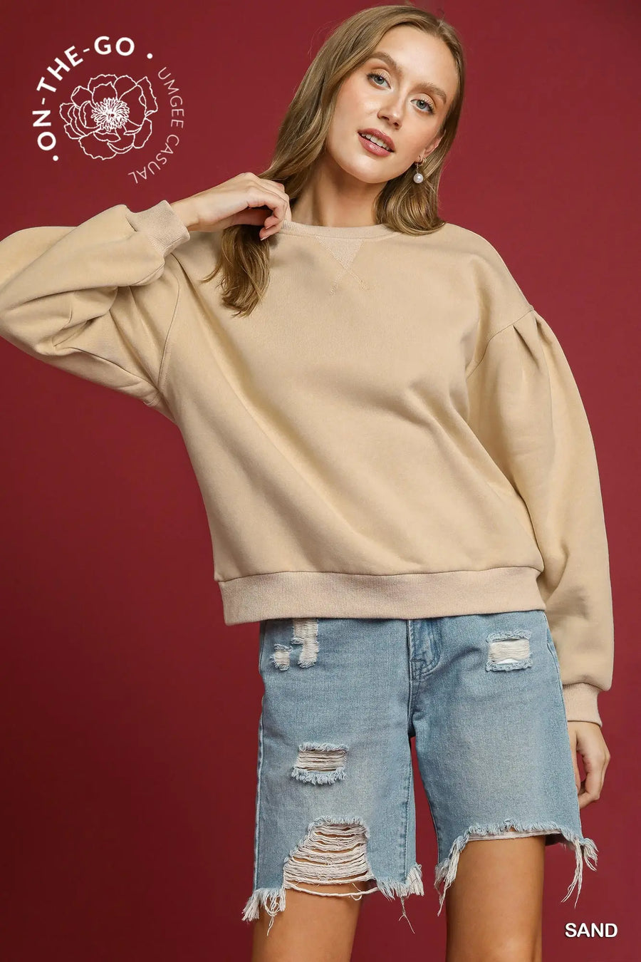 Sand Pleated Pullover Sweatshirt
