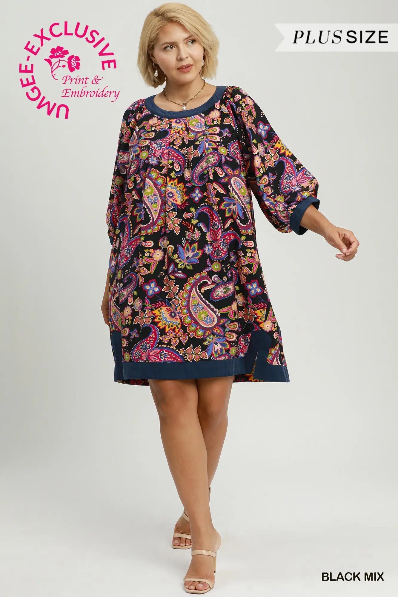 Black Mix Paisley Balloon Sleeve Dress - Plus