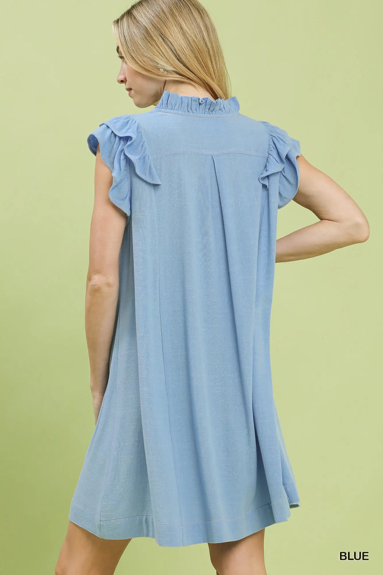 Blue Linen Flutter Sleeve Shift Dress