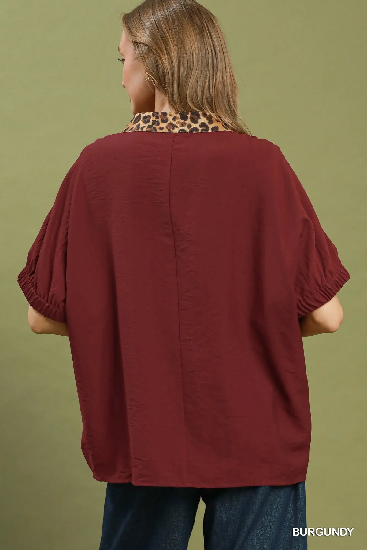 Burgundy Leopard Trim Dolman Sleeve Top
