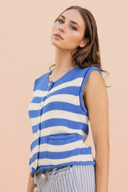 Blue Stripe Button Down Sweater Top