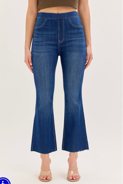 Cello Dark Denim Pull On Crop Flare Jeans