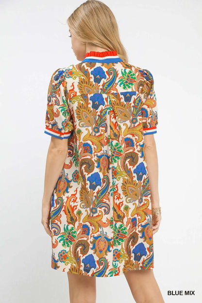 Blue Mix Jacquard Abstract Print Dress